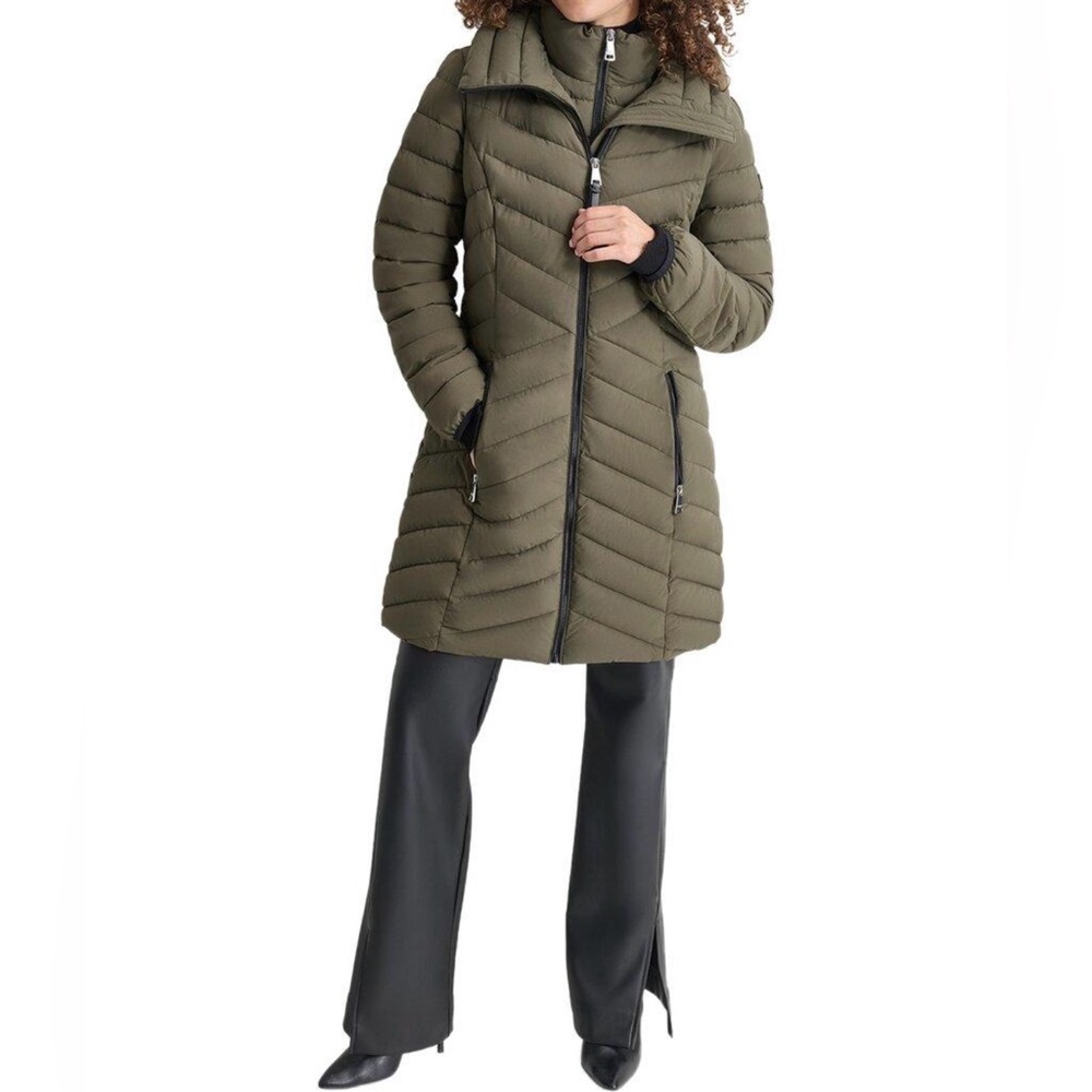 DKNY Women's Olive Green Bibbed Packable Stretch Water-Resistant Puffer Coat